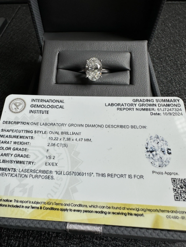 2.08 CT Oval Cut Lab Grown Diamond VS2 IGI Certified, 14k White Gold Size 7 Ring